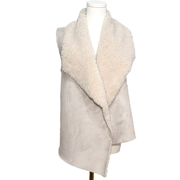 Chelsea Theodore Off White Faux Suede Knit Sherpa Collar Open Front Vest Medium - Picture 1 of 8